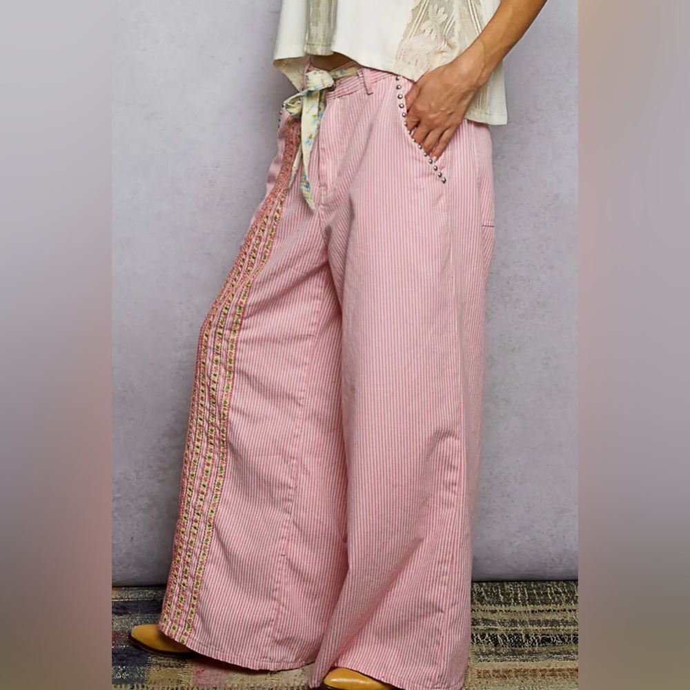 NEW Pol Double Gauze Lace Floral Trim Buckle Back Pants Drawstring Pink Stripe - Picture 5 of 12